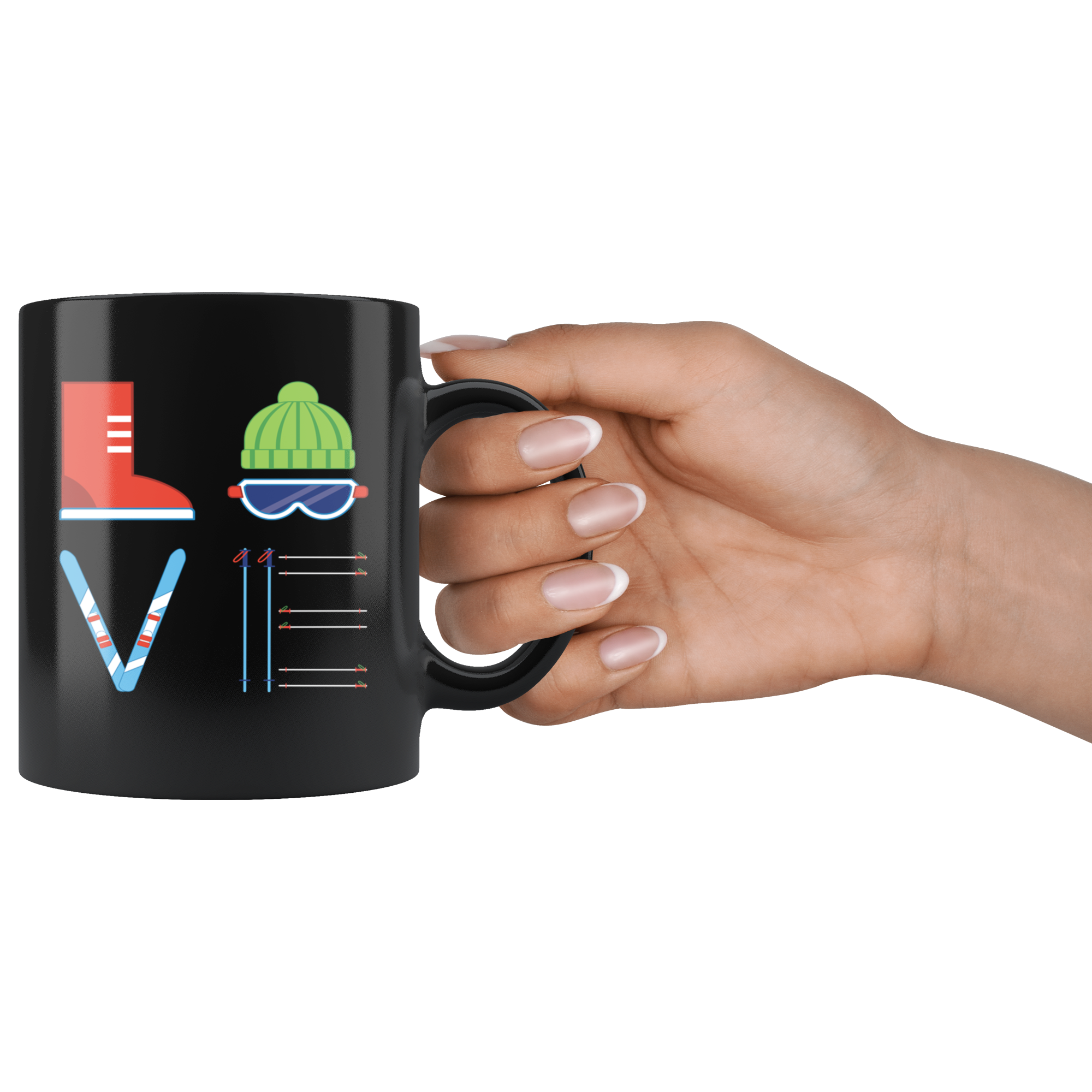 Skiing LOVE Skiing Gift, Christmas, Birthday Present for Skiing enthusiast Black Mug