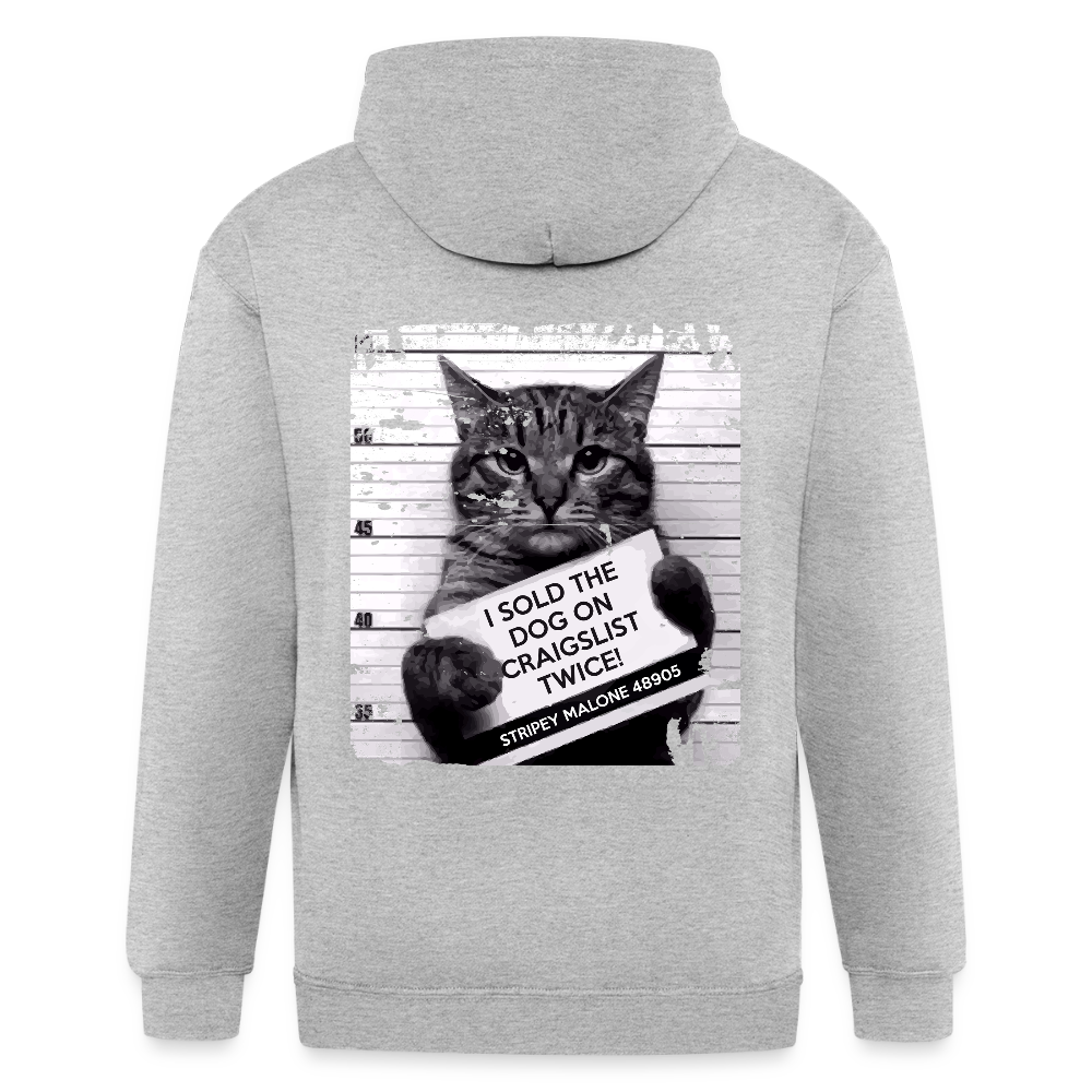 S00199   I sold the dog on craigslist twice! Stripey Malone 48905Men's Zip Hoodie - heather gray
