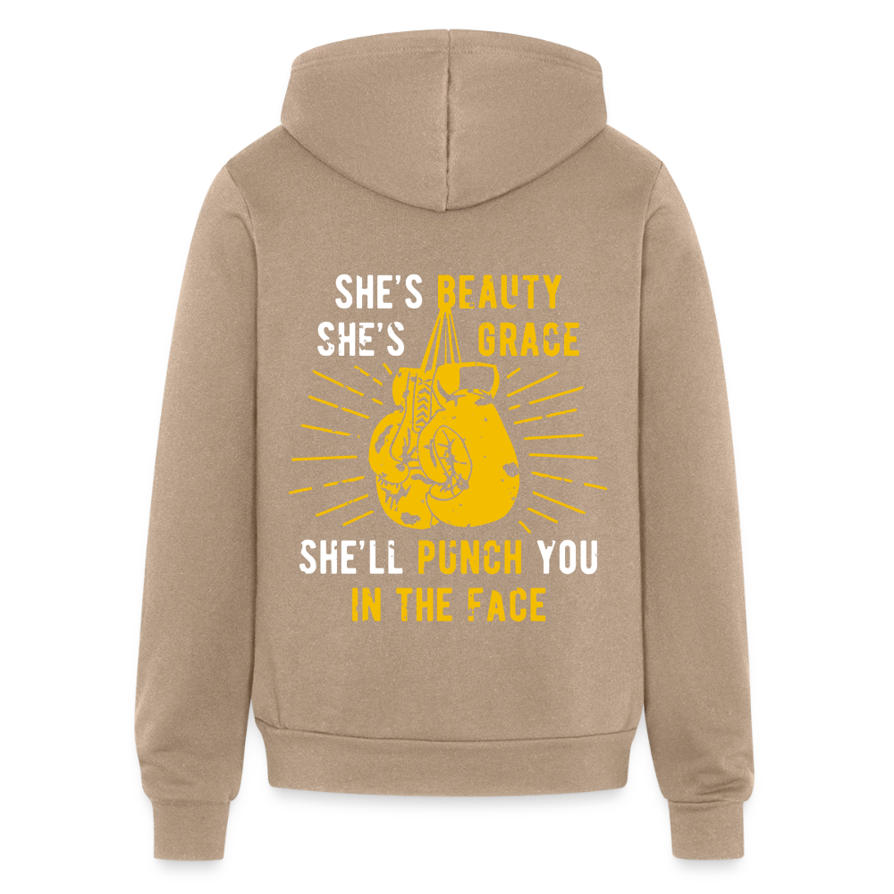 S00188 She's beauty, she's grace, she'll punch you in the face Unisex Zip Hoodie Boxing Gift - tan
