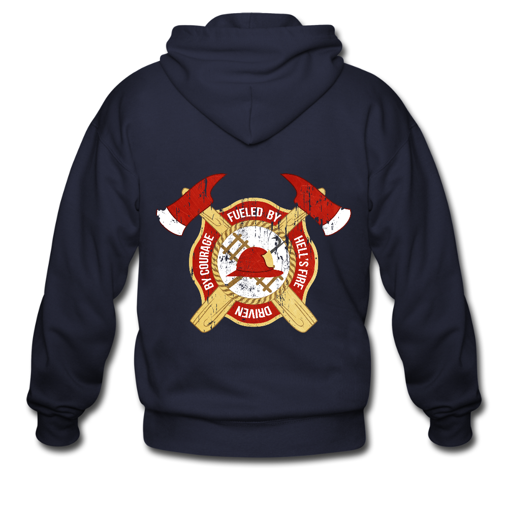 S00588 Fueled by hell's fire, driven by courage Unisex Zip Hoodie Firefighter Gift - navy