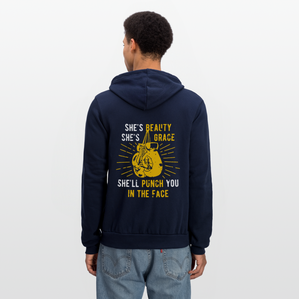 S00188 She's beauty, she's grace, she'll punch you in the face Unisex Zip Hoodie Boxing Gift - navy