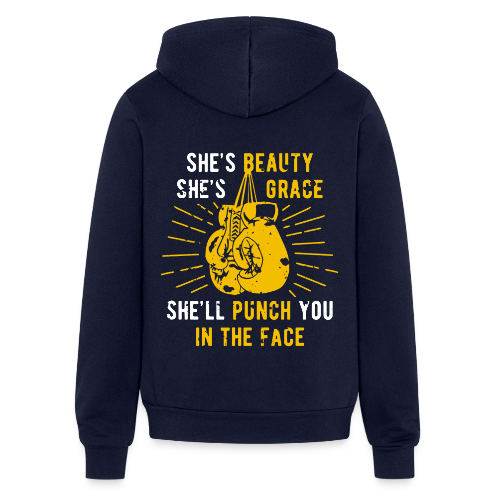 S00188 She's beauty, she's grace, she'll punch you in the face Unisex Zip Hoodie Boxing Gift - navy