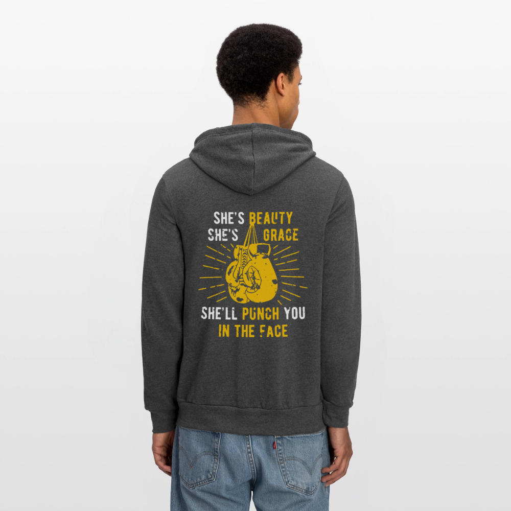 S00188 She's beauty, she's grace, she'll punch you in the face Unisex Zip Hoodie Boxing Gift - charcoal grey
