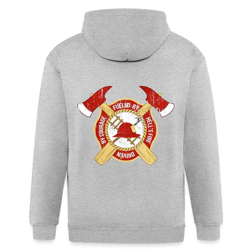 S00588 Fueled by hell's fire, driven by courage Unisex Zip Hoodie Firefighter Gift - heather gray