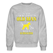K00695     Personalizable Schnauzer Hoodie - Never underestimate an old man with a Schnauzer,  Crewneck Sweatshirt - heather gray