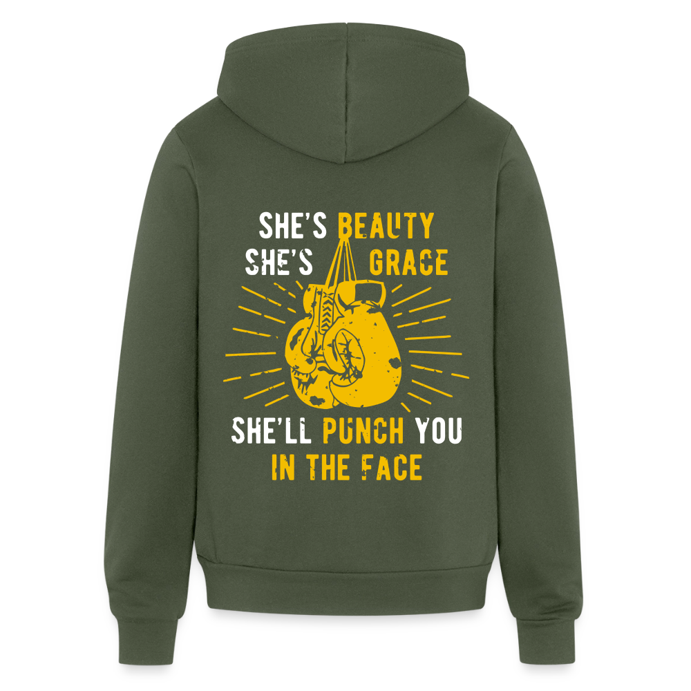 S00188 She's beauty, she's grace, she'll punch you in the face Unisex Zip Hoodie Boxing Gift - military green