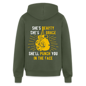 S00188 She's beauty, she's grace, she'll punch you in the face Unisex Zip Hoodie Boxing Gift - military green