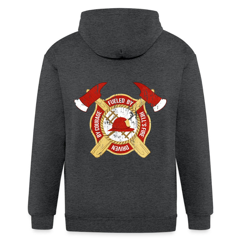 S00588 Fueled by hell's fire, driven by courage Unisex Zip Hoodie Firefighter Gift - deep heather