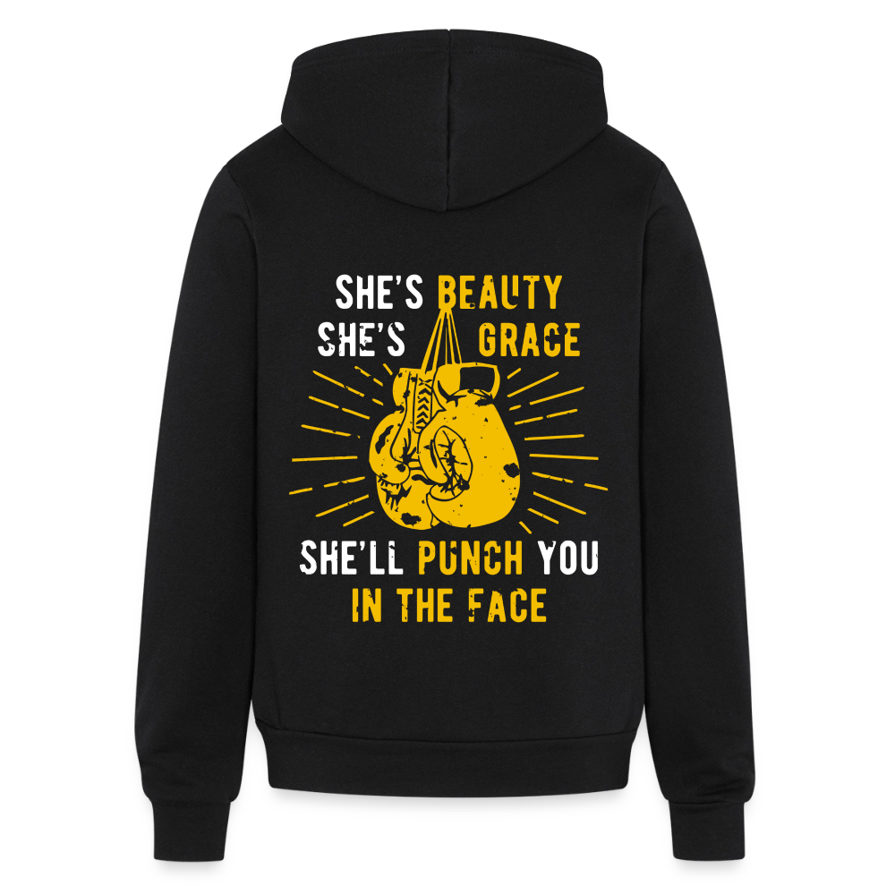 S00188 She's beauty, she's grace, she'll punch you in the face Unisex Zip Hoodie Boxing Gift - black