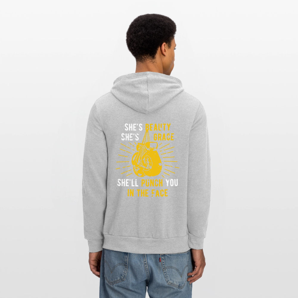 S00188 She's beauty, she's grace, she'll punch you in the face Unisex Zip Hoodie Boxing Gift - heather gray