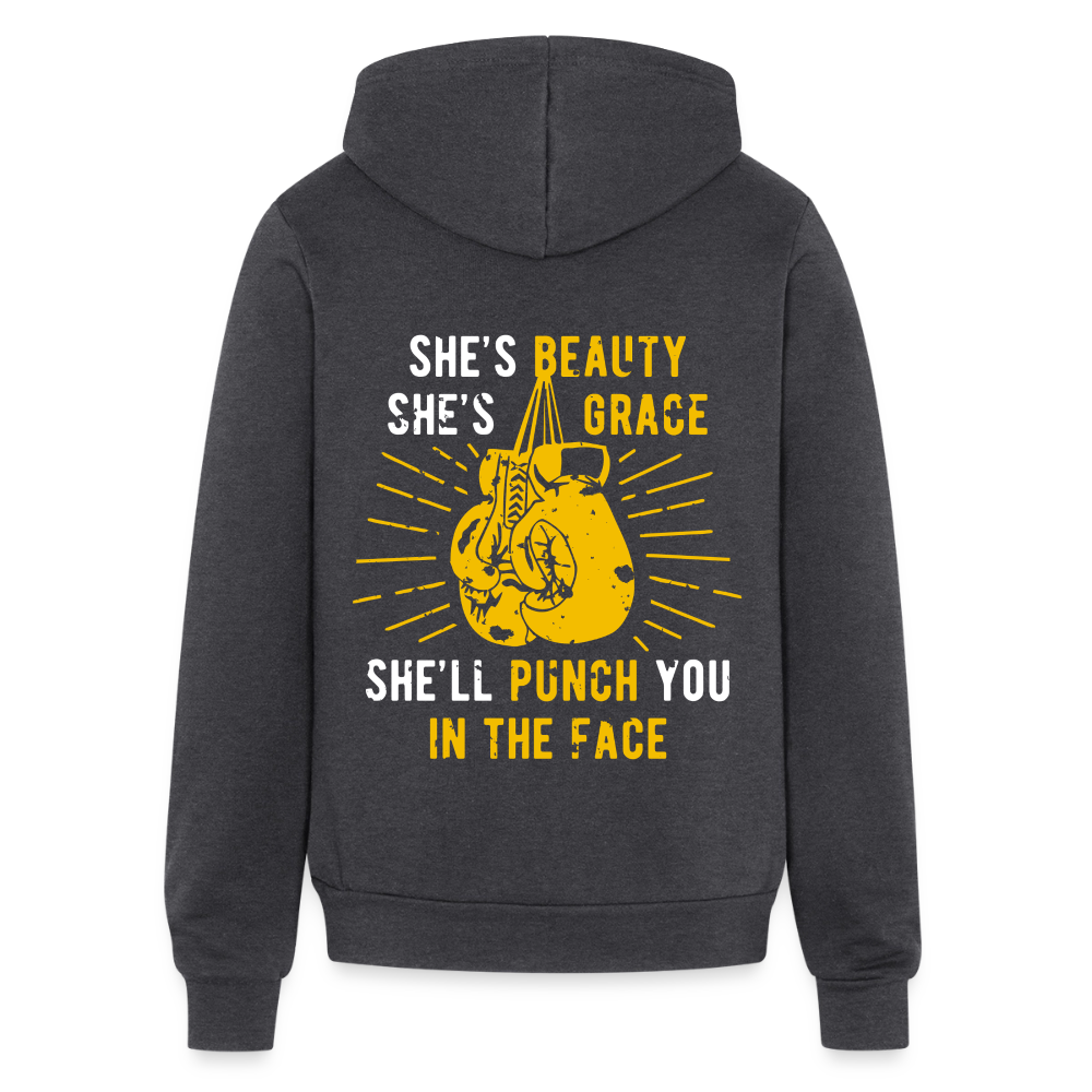 S00188 She's beauty, she's grace, she'll punch you in the face Unisex Zip Hoodie Boxing Gift - charcoal grey