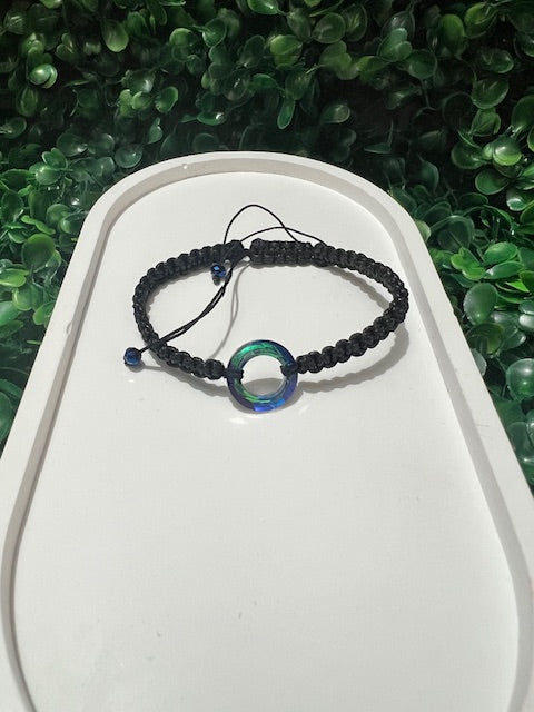 Black Macrame Bracelet with Iridescent Ring Charm