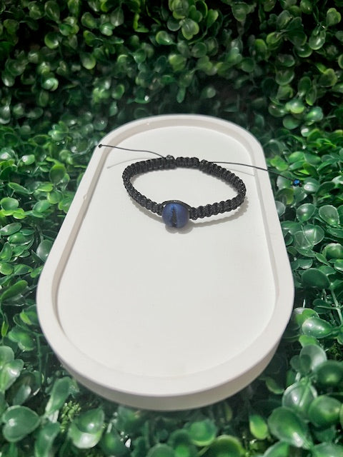 Black macrame bracelet with blue bead charm handmade
