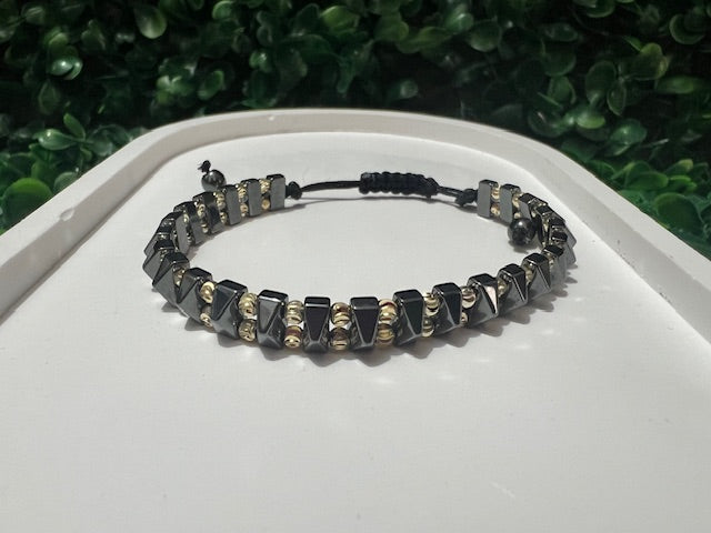 Hematite Pyramid Bead Bracelet | Handmade Black & Gold Adjustable Bracelet | Grounding Jewelry for Him or Her