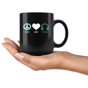 Techno Gift, Techno Mug-Peace Love Techno-Christmas Gift, Birthday Present, 11oz Black Coffee Mug, Tea Cup, Music Gift, Music Lover