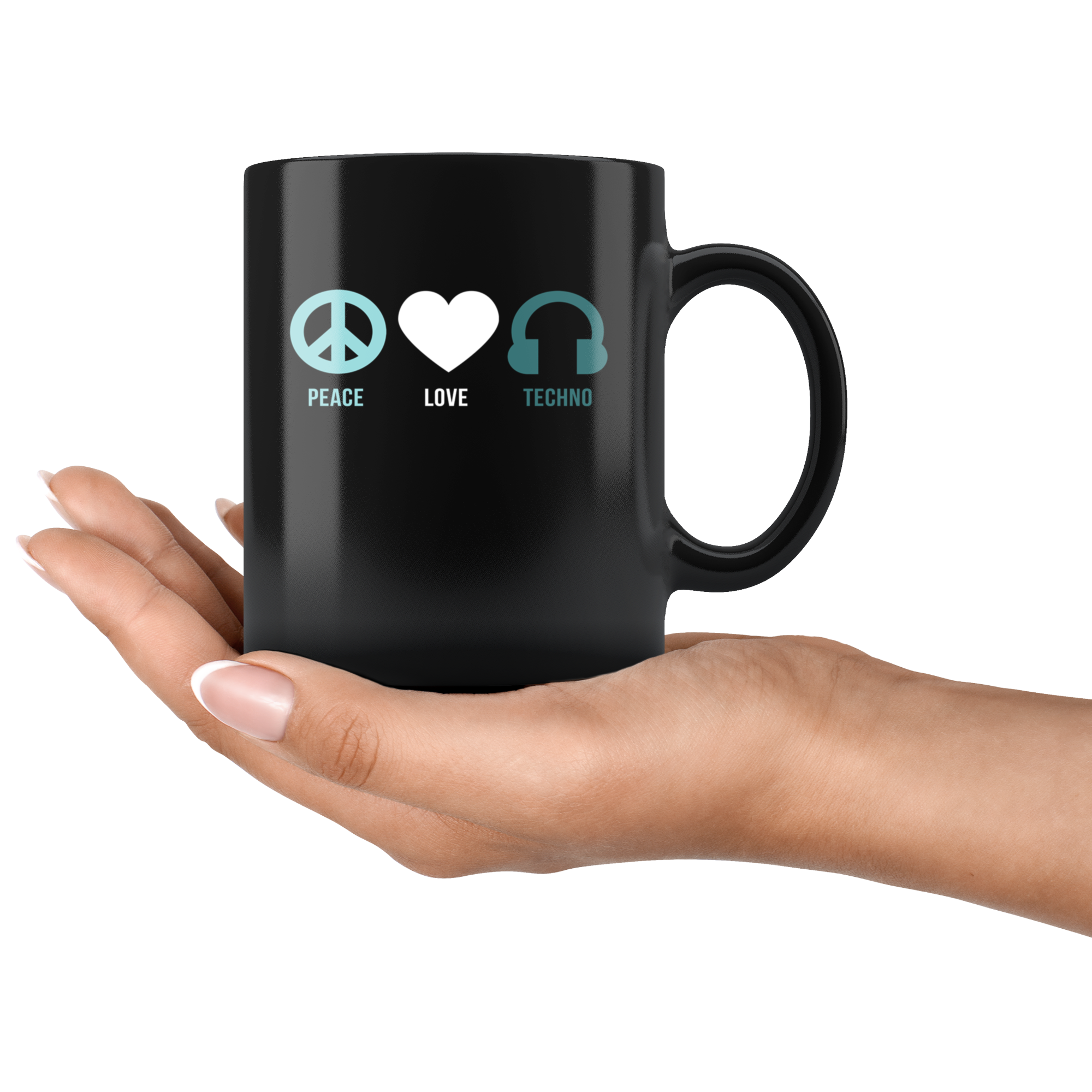Techno Gift, Techno Mug-Peace Love Techno-Christmas Gift, Birthday Present, 11oz Black Coffee Mug, Tea Cup, Music Gift, Music Lover
