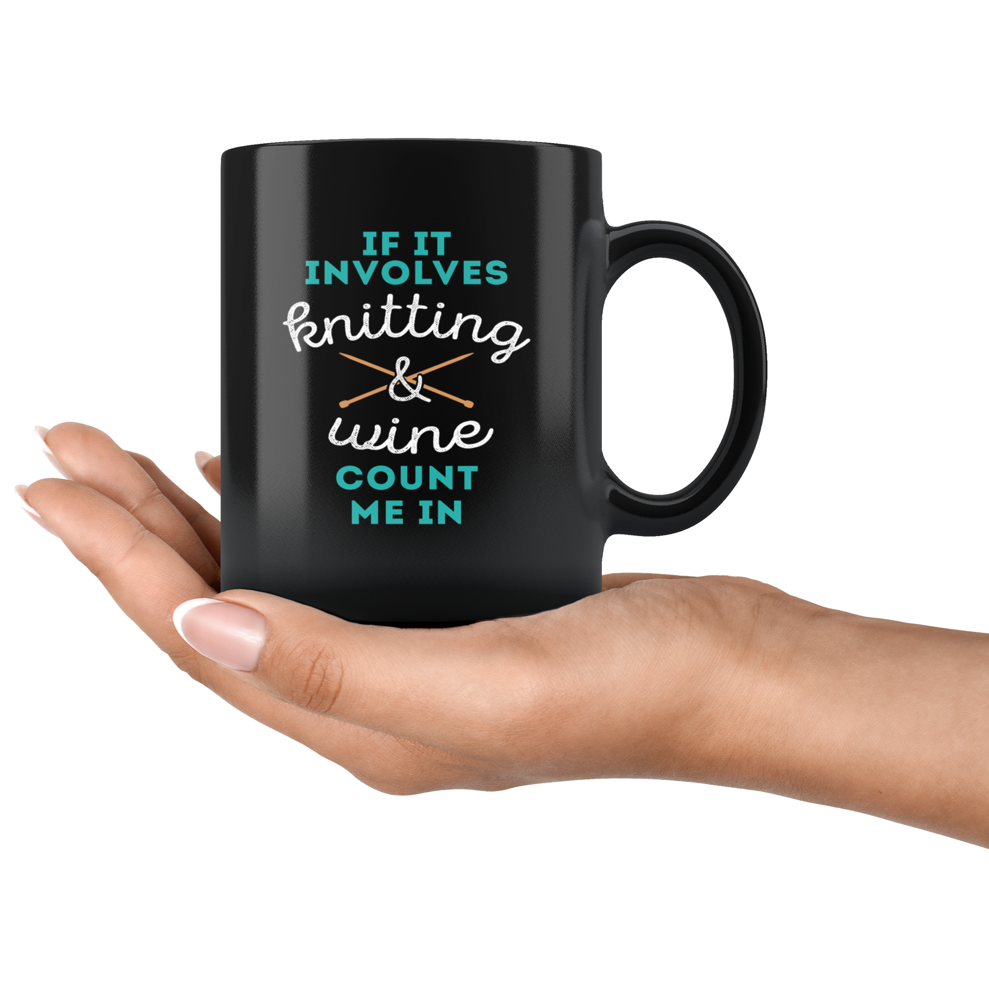 Mug Knitting, Knitting Gifts - If it involves knitting & wine count me in - Knitting Mug, 11oz Black Mug