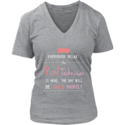 Everyone relax the nail technician is here, the day will be save shortly, Woman's tee, Unisex T-shirt, V-neck, Summer Apparel