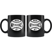 Mug Baseball Gifts - Where my pitches at? - Baseball Mug Baseball Coffee Cup (11oz) Black