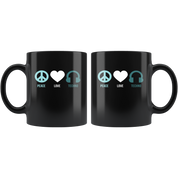 Techno Gift, Techno Mug-Peace Love Techno-Christmas Gift, Birthday Present, 11oz Black Coffee Mug, Tea Cup, Music Gift, Music Lover