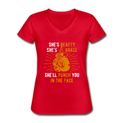 She's beauty, she's grace, she'll punch you in the face Women's V-Neck T-Shirt - red