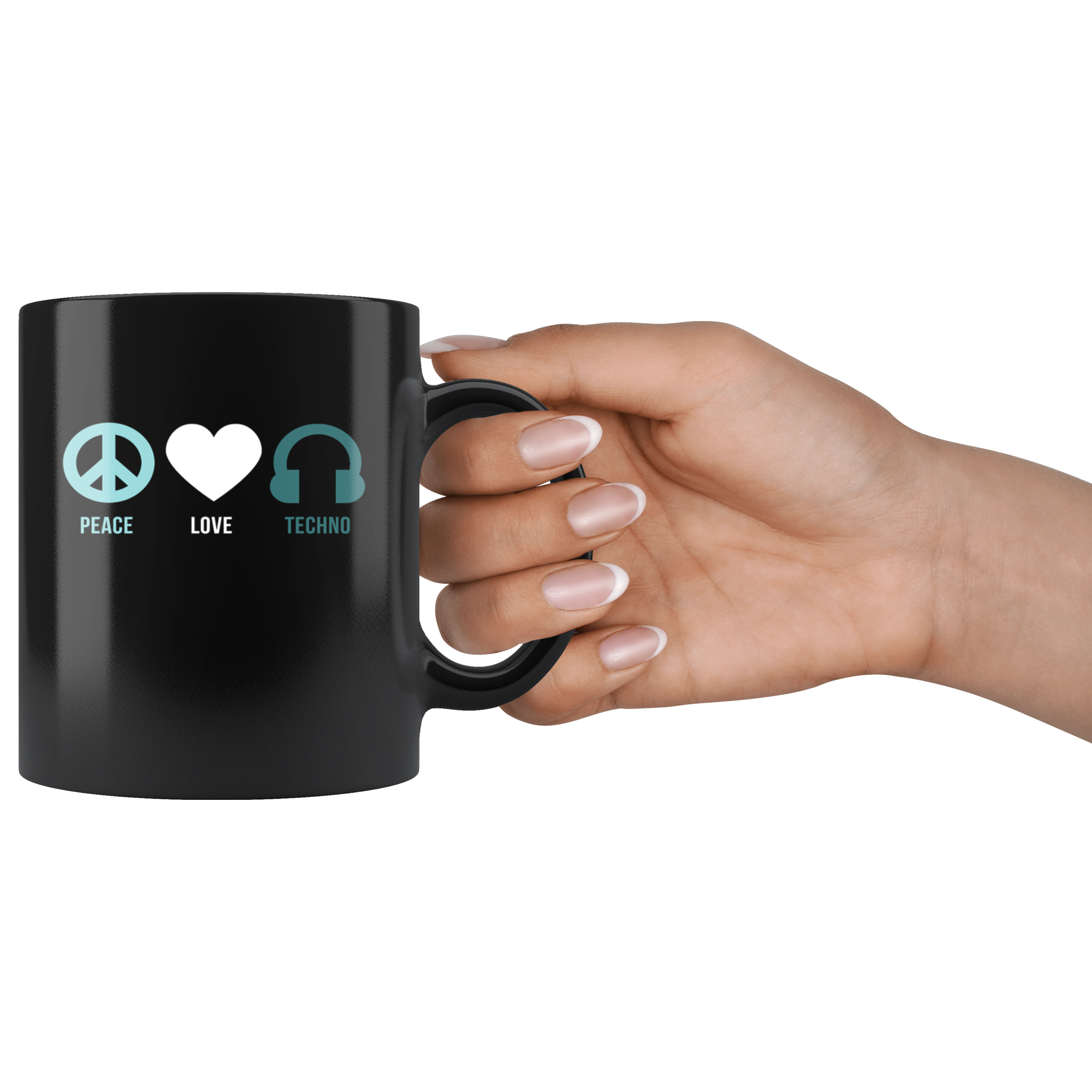 Techno Gift, Techno Mug-Peace Love Techno-Christmas Gift, Birthday Present, 11oz Black Coffee Mug, Tea Cup, Music Gift, Music Lover