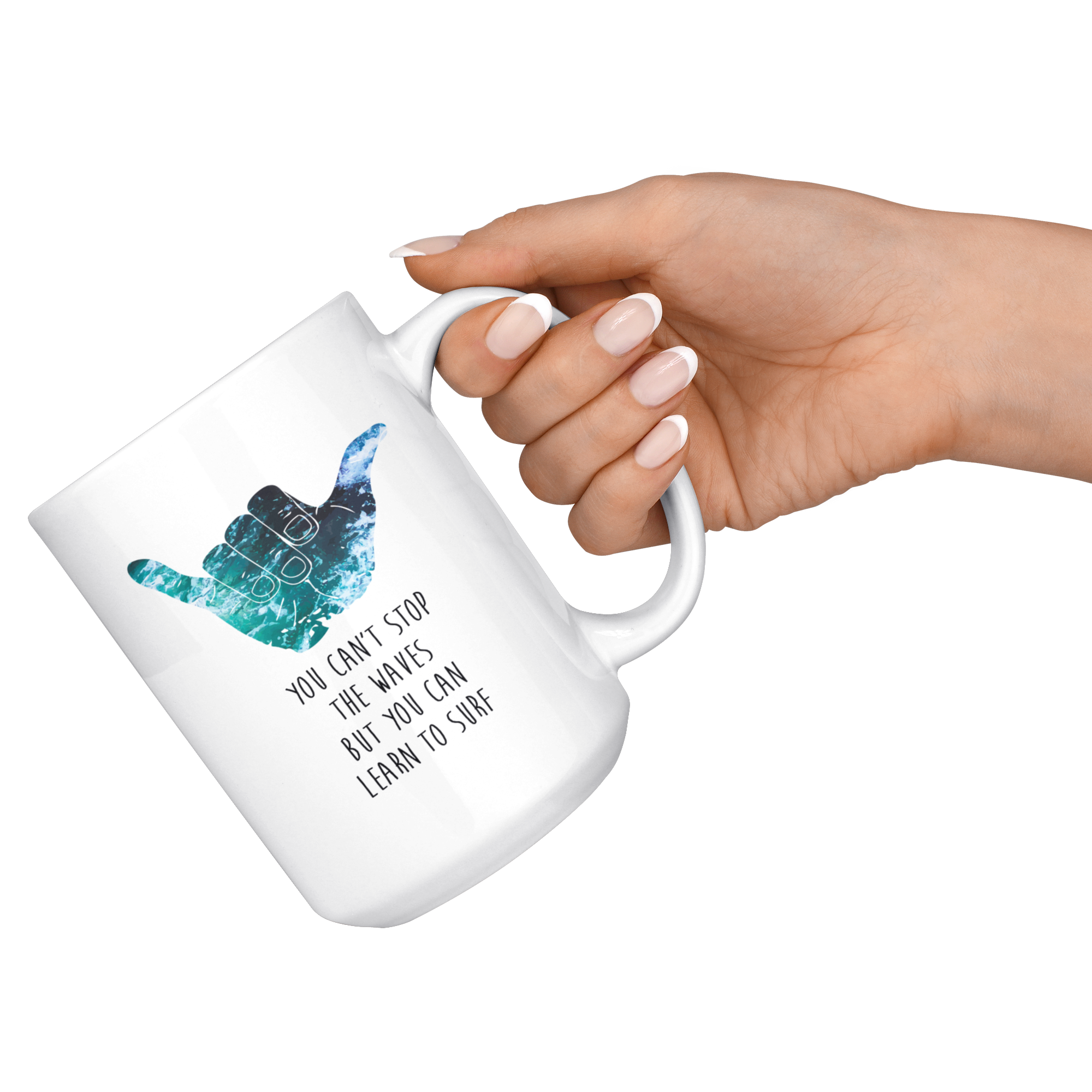 Surfing Coffee Mug Gift - You can't stop the waves but you can learn to surf - Surfer gift 15oz White Mug